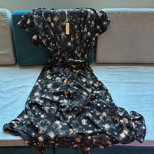 NWT - Max Studio Ruffle Crepe High Low Dress - Black Floral - Size S